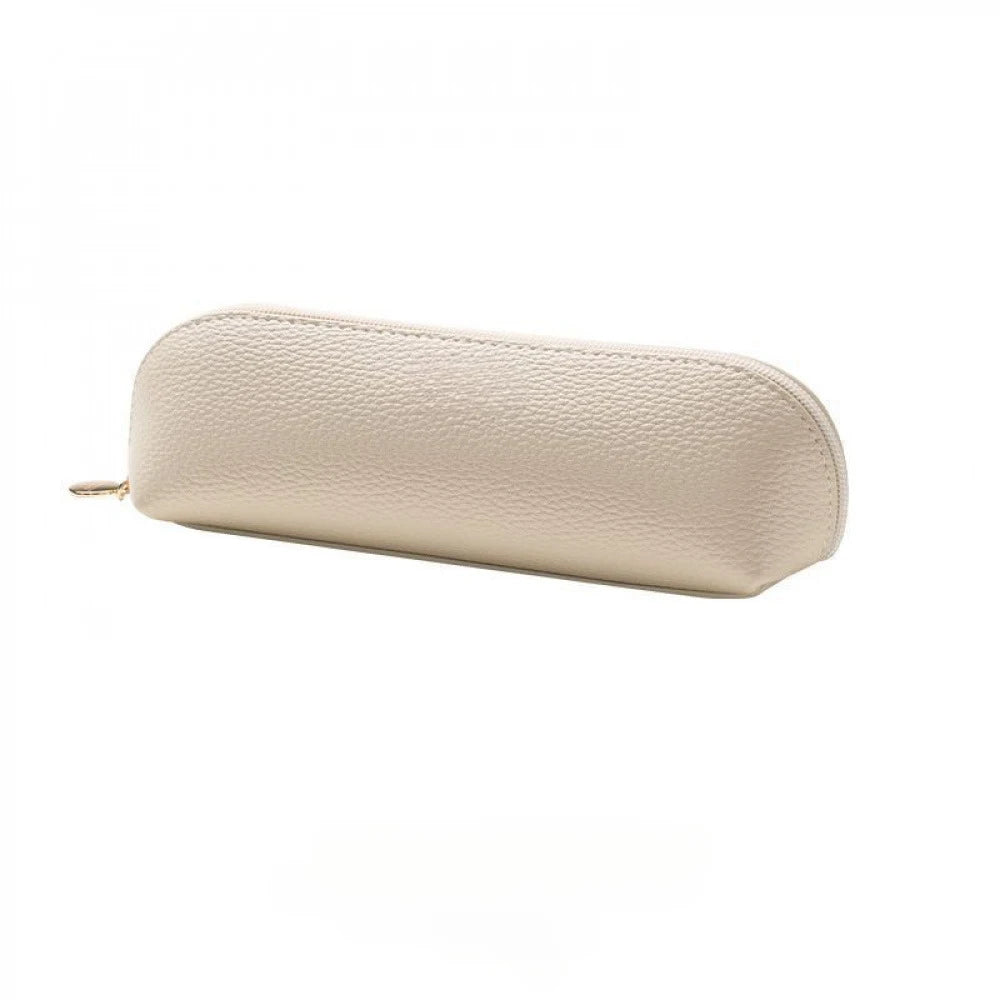 A beige rectangular makeup and pencil pouch with a textured surface.