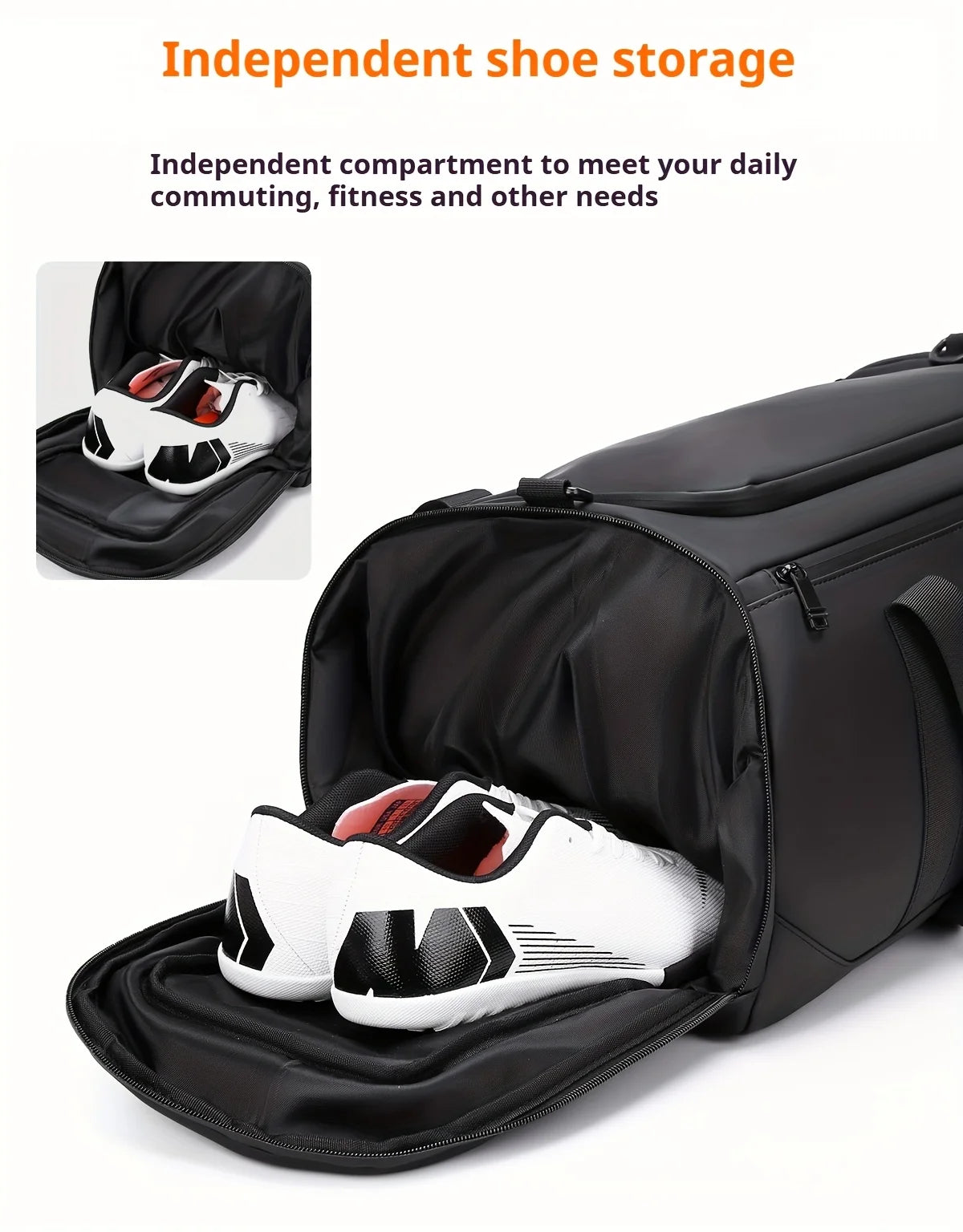 Sac de sport noir avec compartiment indépendant pour chaussures, montrant une paire de baskets blanches et noires à l'intérie