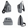 A gray water-resistant casual chest bag with a padded phone pocket shown in various views.