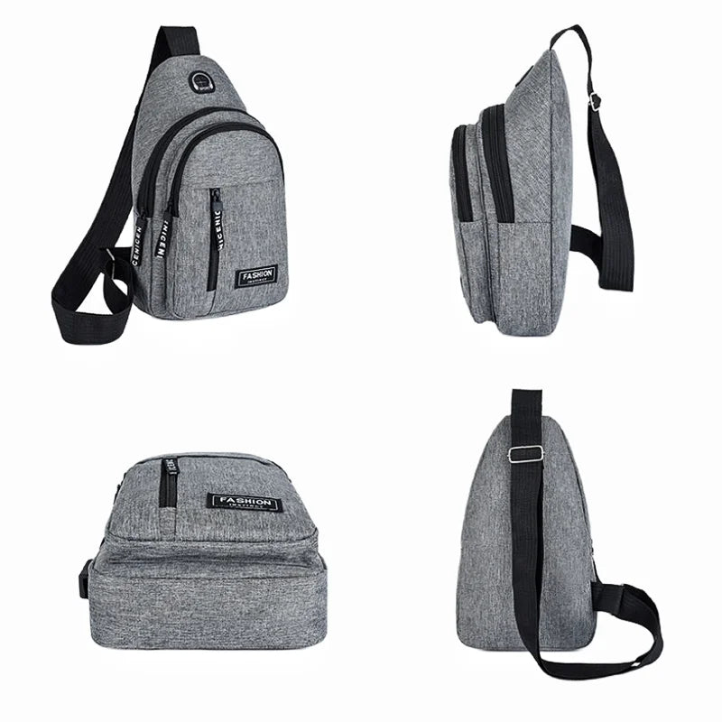 A gray water-resistant casual chest bag with a padded phone pocket shown in various views.