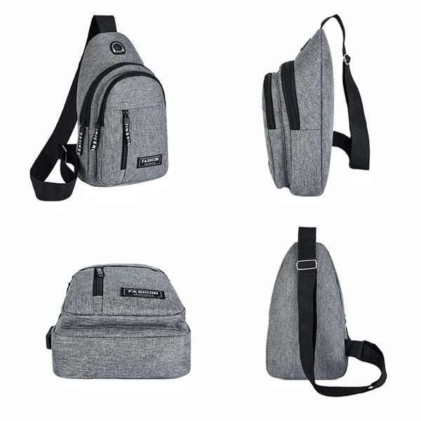 A gray water-resistant casual chest bag with a padded phone pocket shown in various views.