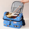 A blue insulated double-layer lunch bag with cartoon prints is shown open, displaying a stainless steel fork.