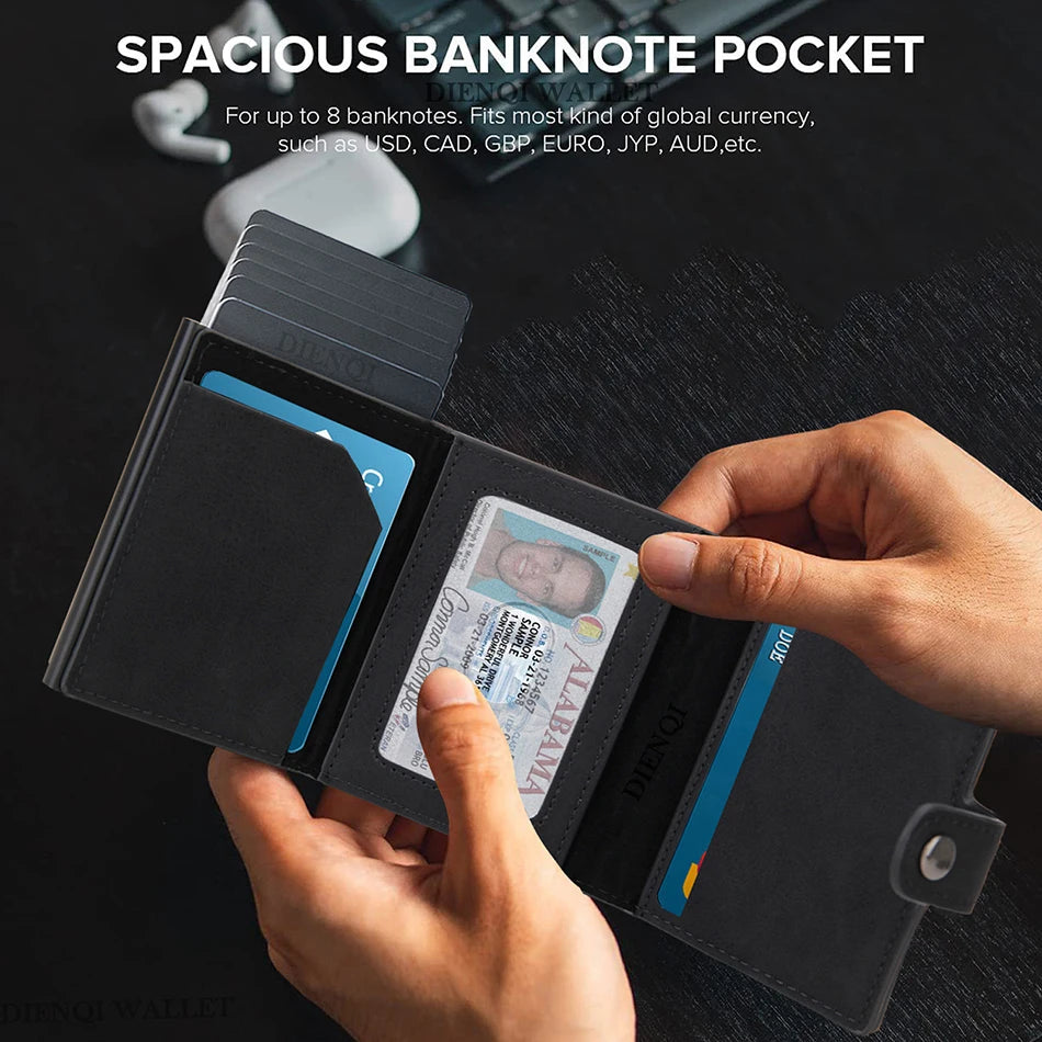 A hand holds a black wallet with a transparent slot, showing various banknotes and cards inside.