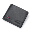 A black genuine leather bifold wallet shown from above.