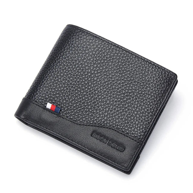 A black genuine leather bifold wallet shown from above.