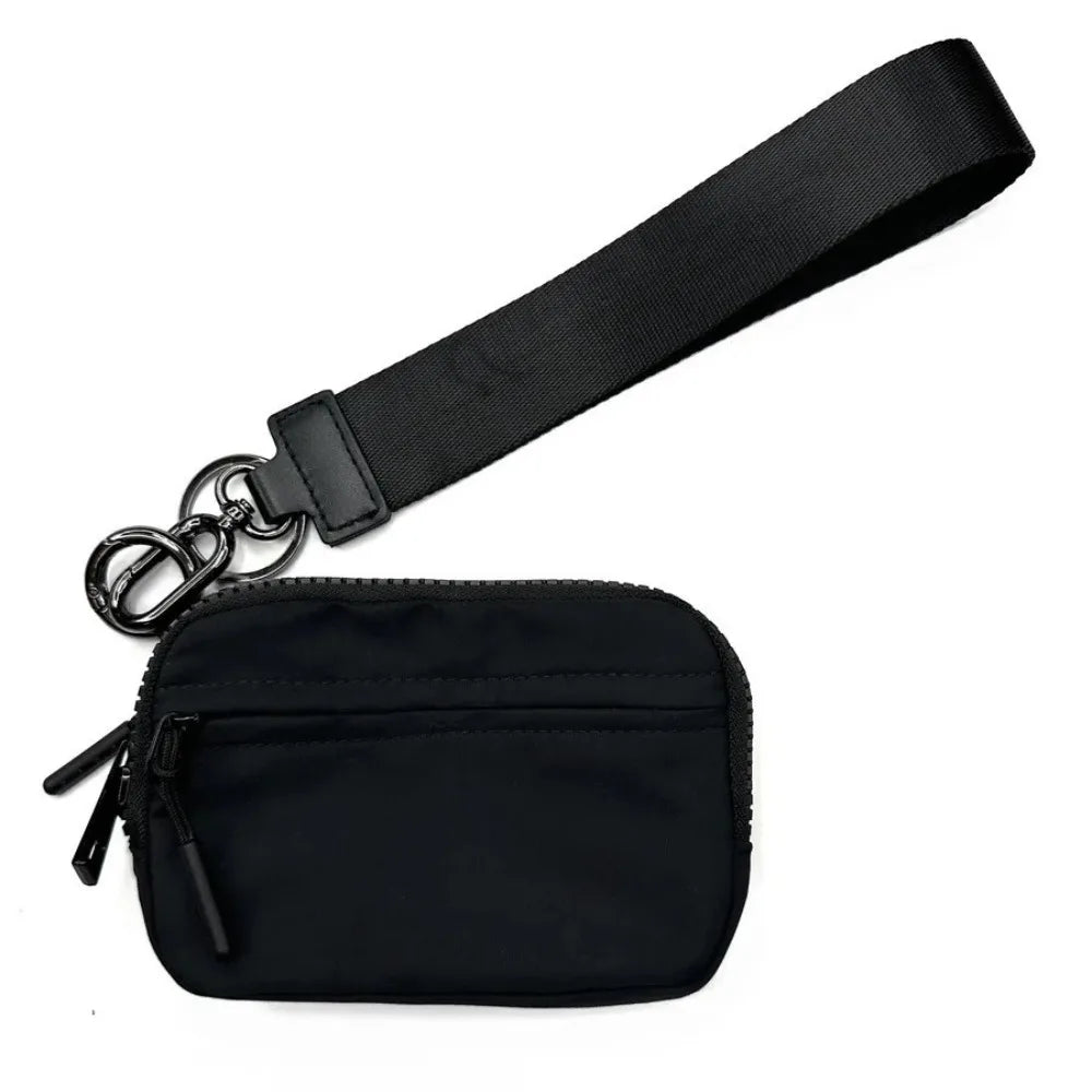 Black multi-functional zipper coin purse wallet with a black strap and metal clasp
