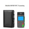 A black slim card holder with a display and buttons for RFID/NFC scanning.