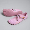 A pair of pink women's barefoot five-toe shoes with an adjustable strap shown from the side.