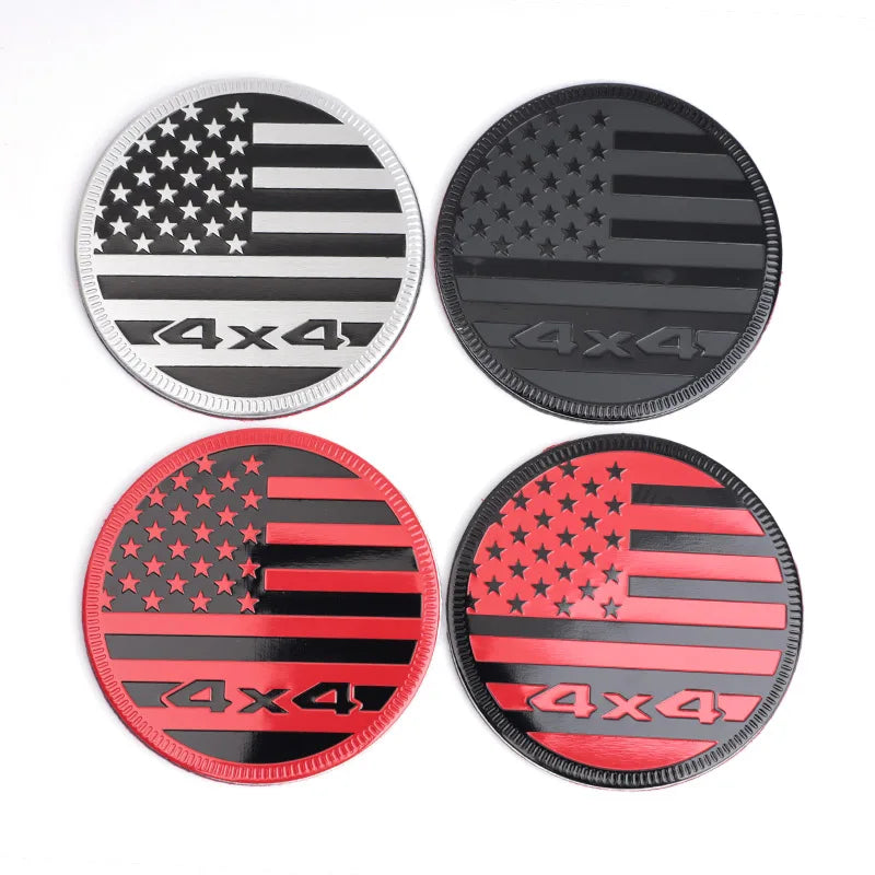 Four by four themed round American flag decals in black, white, and red stripes