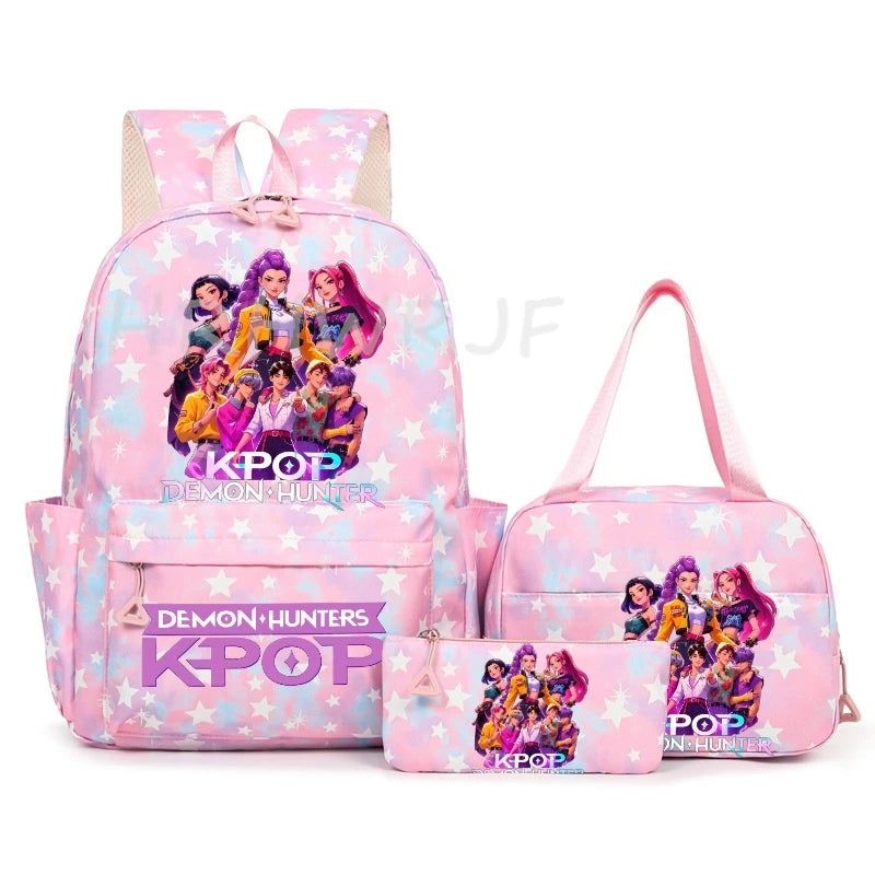 A pink backpack set featuring characters from KPOP Demon Hunters on a white background.