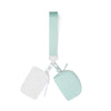 A light mint green nylon zipper wristlet pouch with a matching strap and white lining.