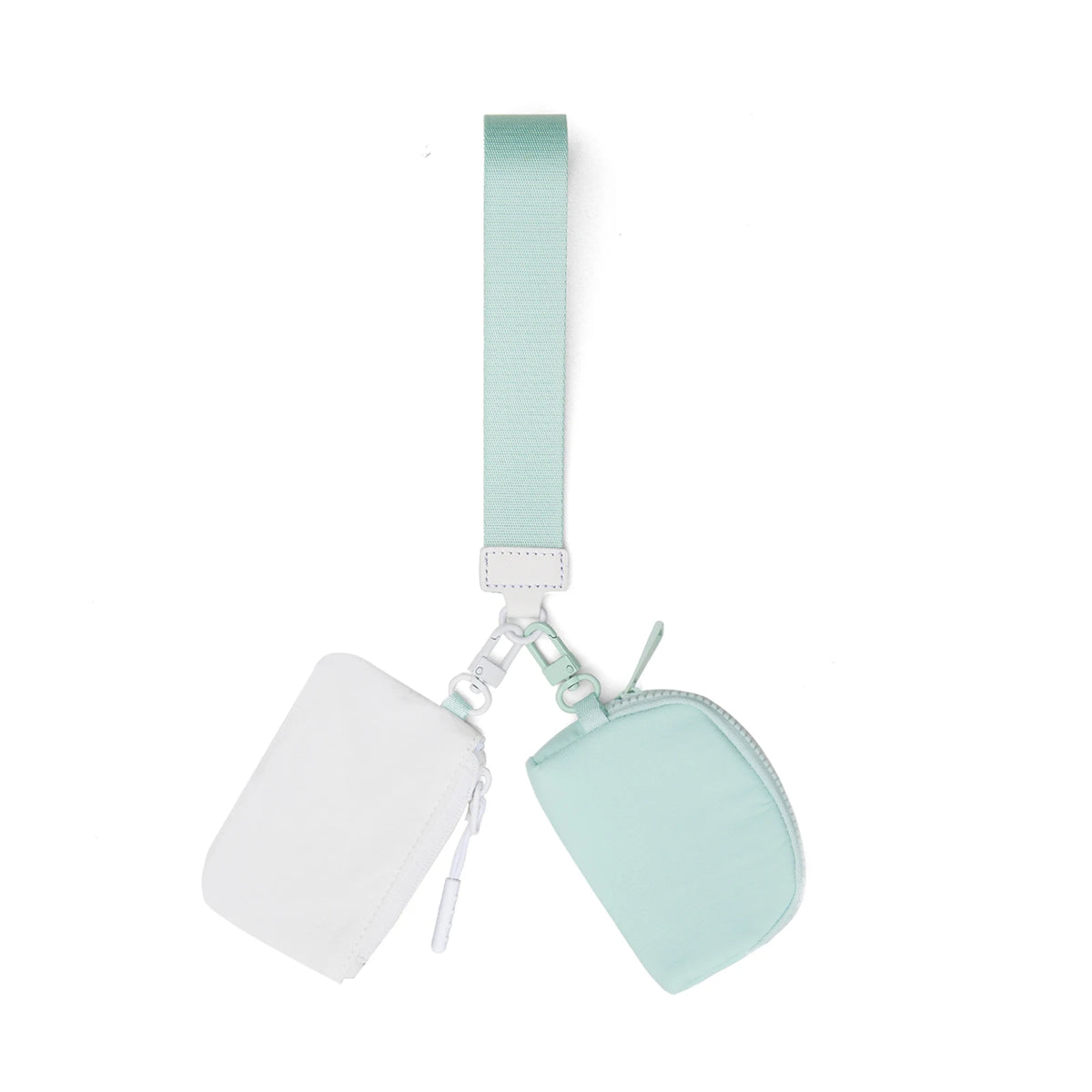 A light mint green nylon zipper wristlet pouch with a matching strap and white lining.