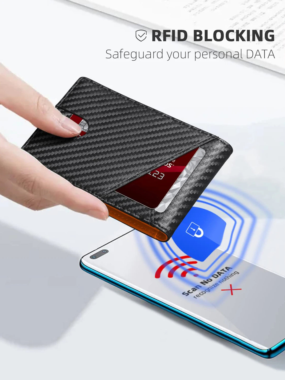 A hand holds a black RFID blocking men's bi-fold wallet over a smartphone displaying a scan rejection message.