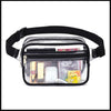 Clear stadium-approved waist pack with an adjustable black strap containing various small items.