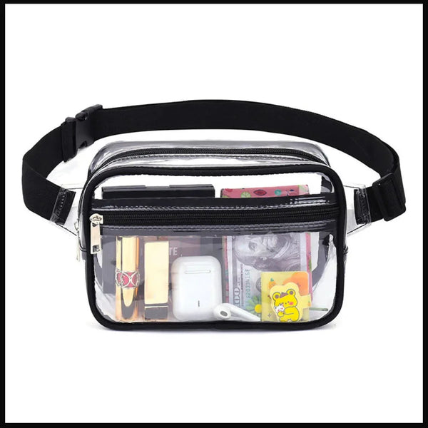 Clear stadium-approved waist pack with an adjustable black strap containing various small items.