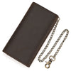 A dark brown genuine leather bifold wallet with a metal chain attached, shown at an angle.