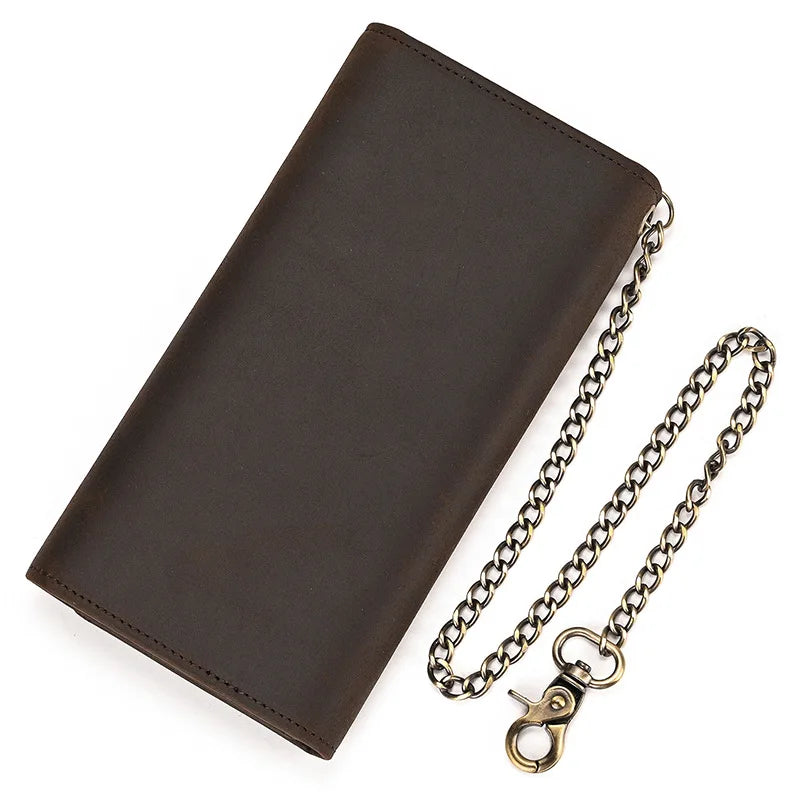 A dark brown genuine leather bifold wallet with a metal chain attached, shown at an angle.