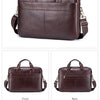 Genuine leather men's briefcase shown from the front, back, side, and bottom views.