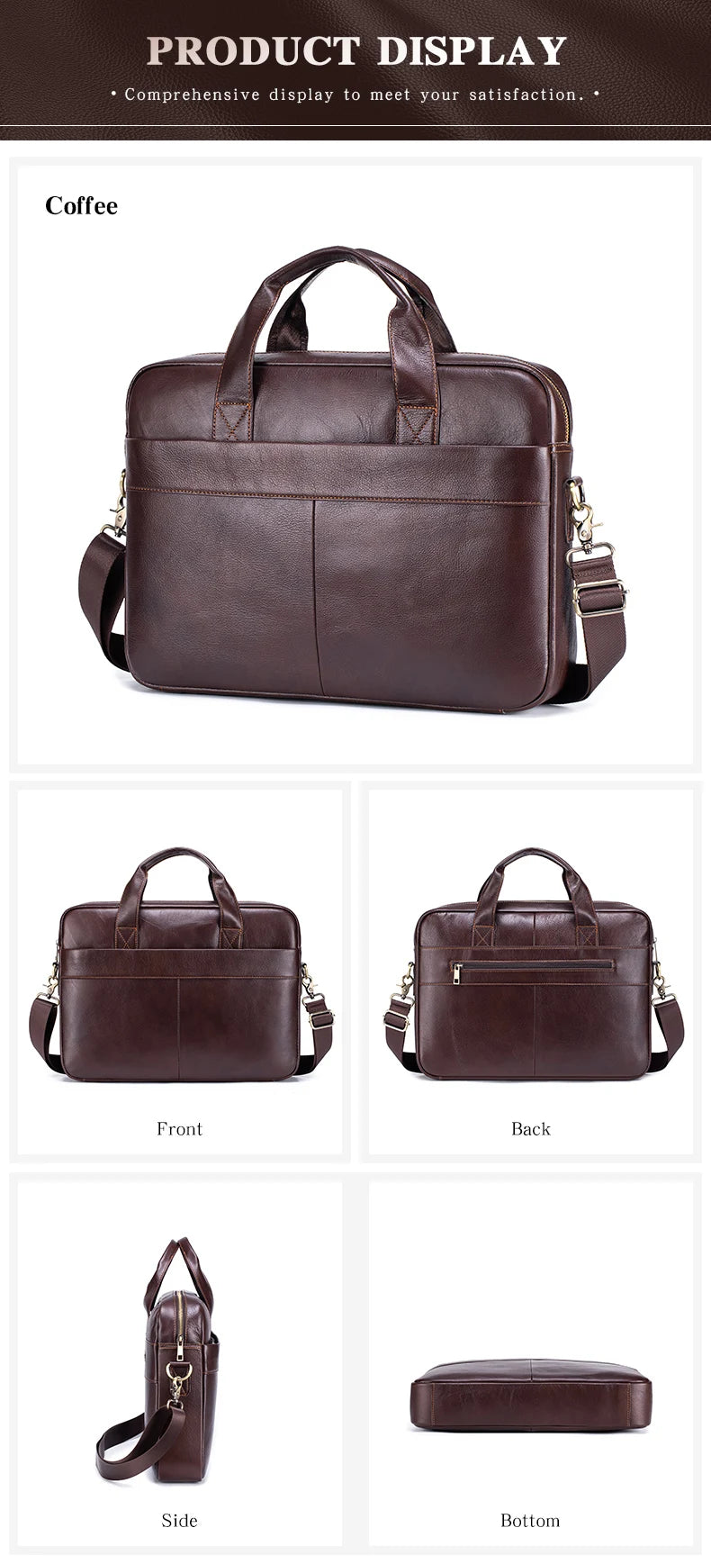 Genuine leather men's briefcase shown from the front, back, side, and bottom views.