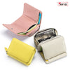 Colección de carteras pequeñas de cuero genuino de vaca, en rosa y amarillo, mostradas desde varios ángulos.