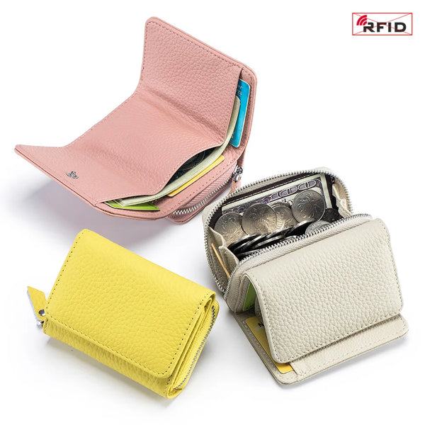 A collection of pink and yellow genuine cow leather small zipper wallets shown in various angles.