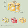Yellow and white checkered insulated picnic bag with gray straps shown in a side view.
