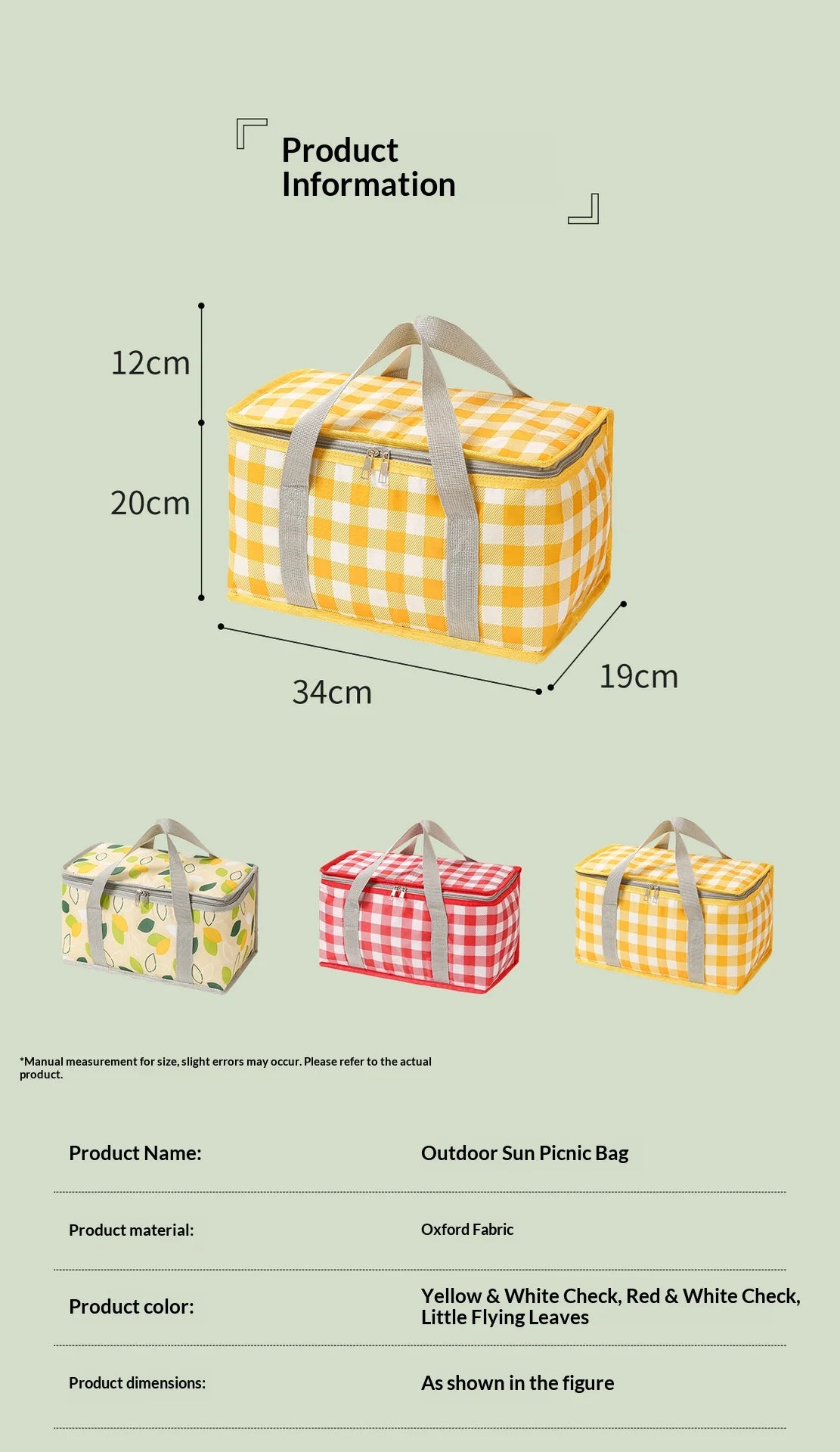 Yellow and white checkered insulated picnic bag with gray straps shown in a side view.