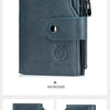 A blue genuine leather men's business wallet shown from the front and back views.