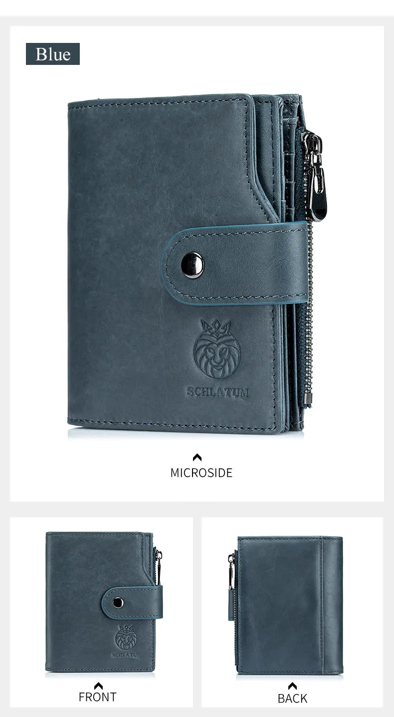 A blue genuine leather men's business wallet shown from the front and back views.