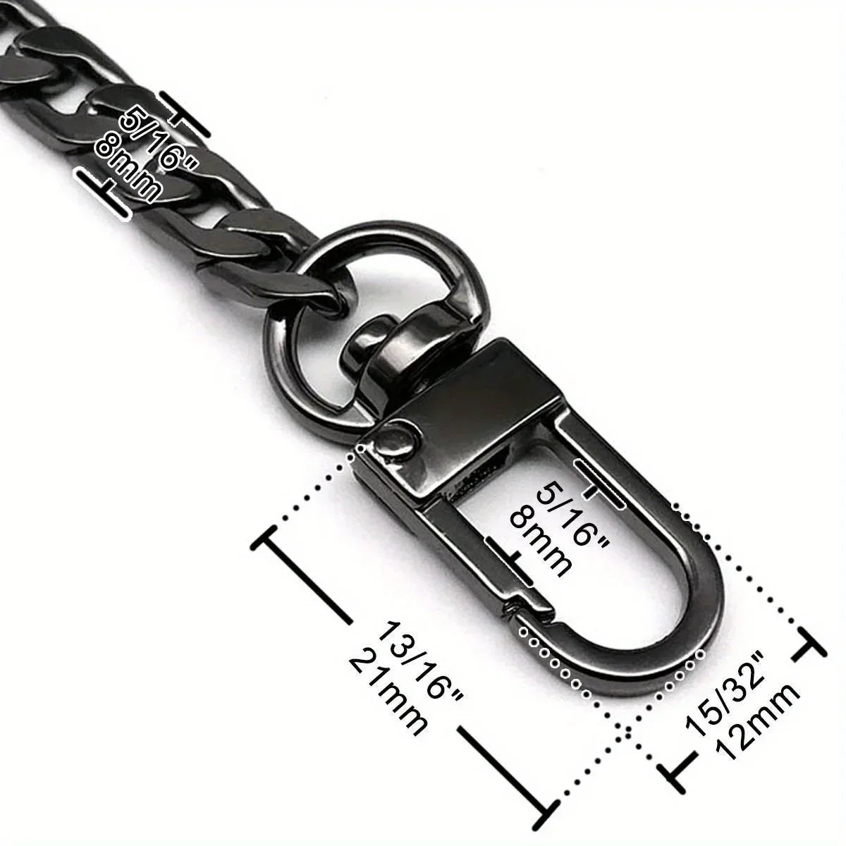 A close-up view of a black metal chain strap with a clasp and measurement markings.