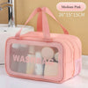 Medium pink double-layer clear and dry wash bag with pink straps shown on a white surface.