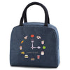 Dark blue insulated canvas lunch bag featuring various food icons like a fork, sandwich, and apple.