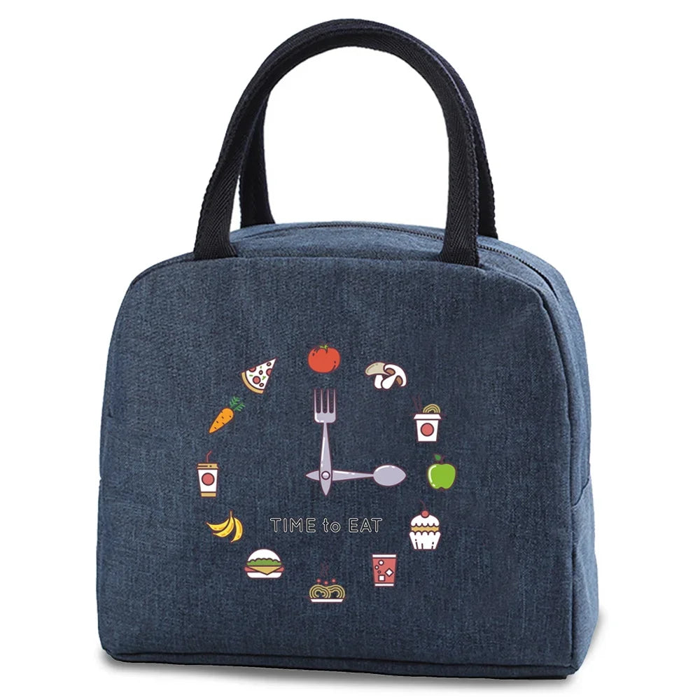 Dark blue insulated canvas lunch bag featuring various food icons like a fork, sandwich, and apple.