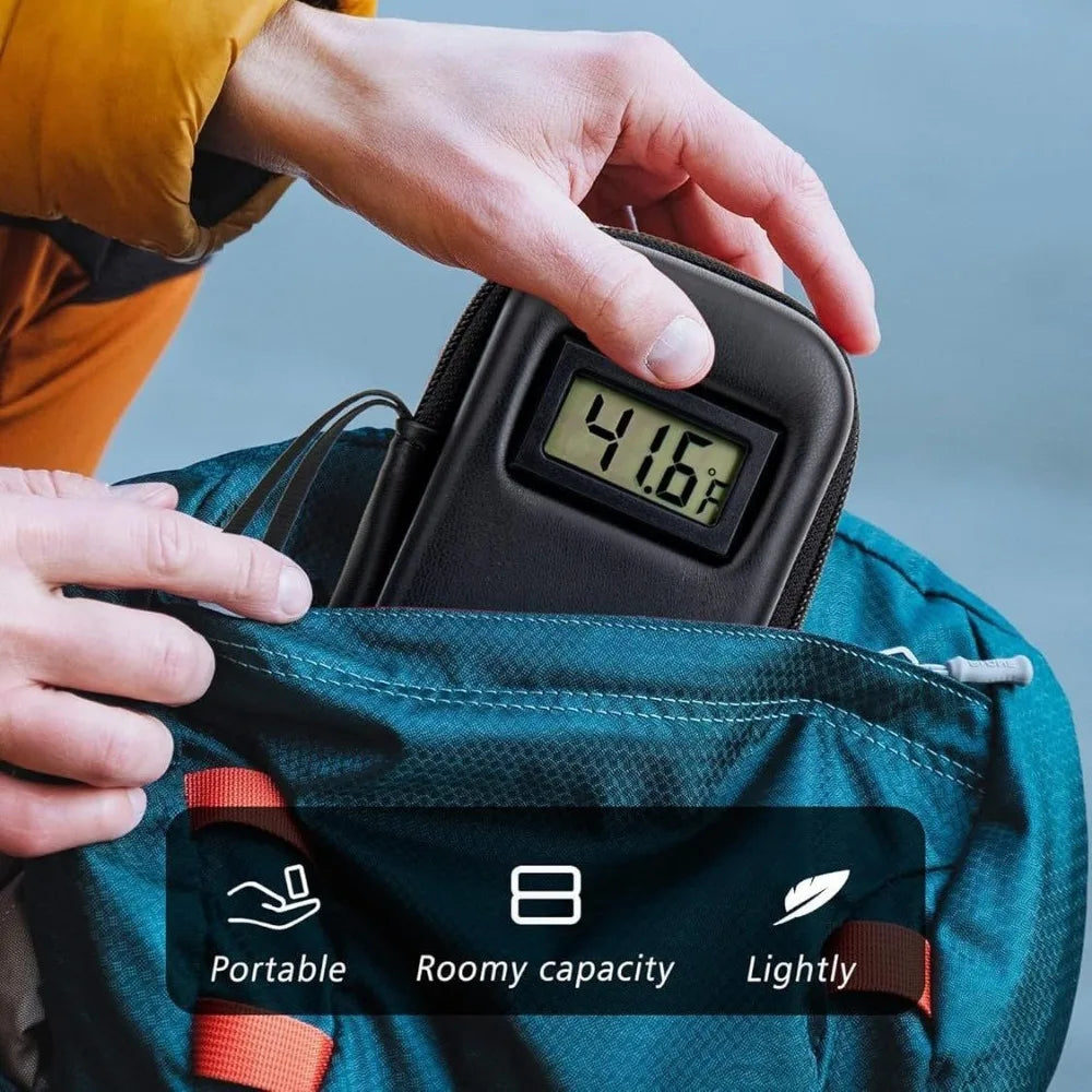 A hand is placing an insulin cooler travel case with a digital thermometer into a green backpack pocket.