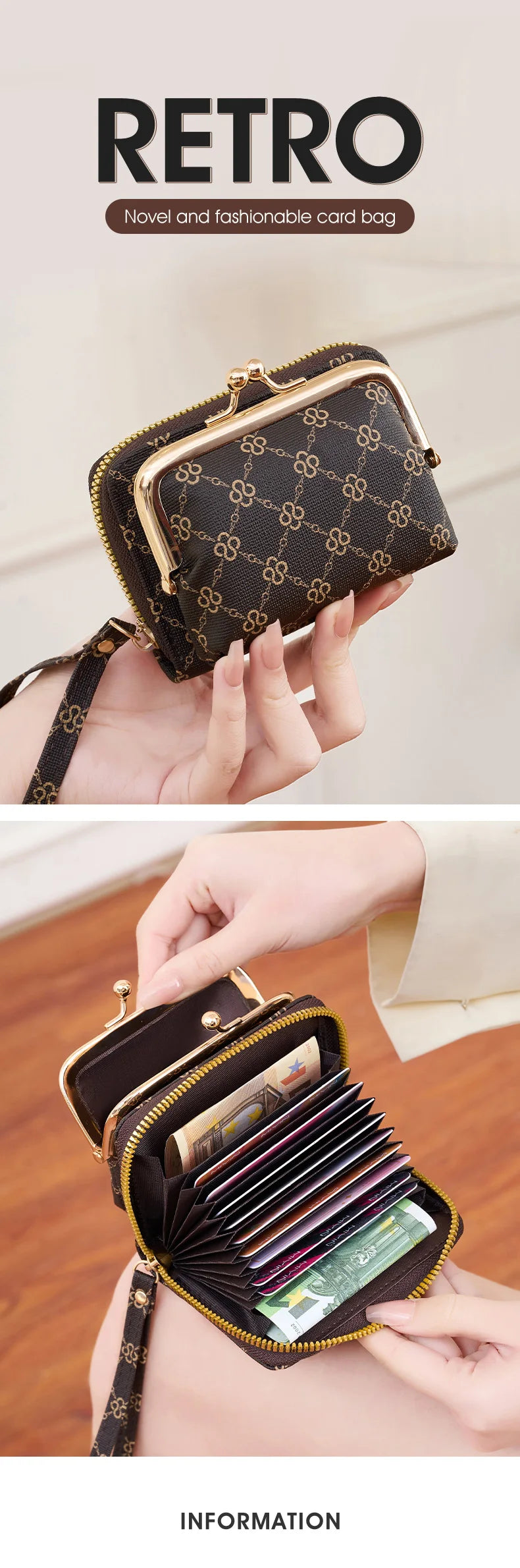 A close-up of a black leather card bag with gold hardware and a repeating pattern, shown being held by a hand.