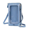 Hellblaue Mode-Crossbody-Handytasche mit klarem Bildschirm und passendem Riemen.