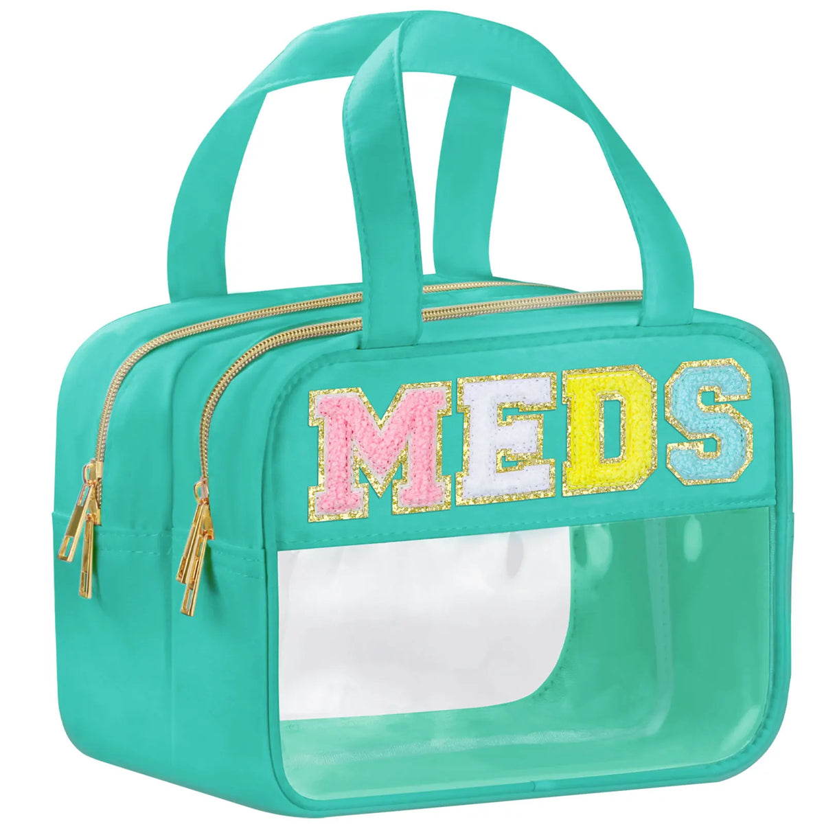 A teal clear makeup bag with a zipper and a pink chenille letter 'S' on the front.