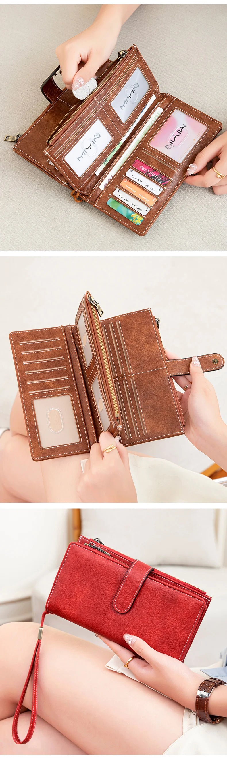 A brown leather trifold clutch wallet is shown being opened and closed, displaying various card slots.