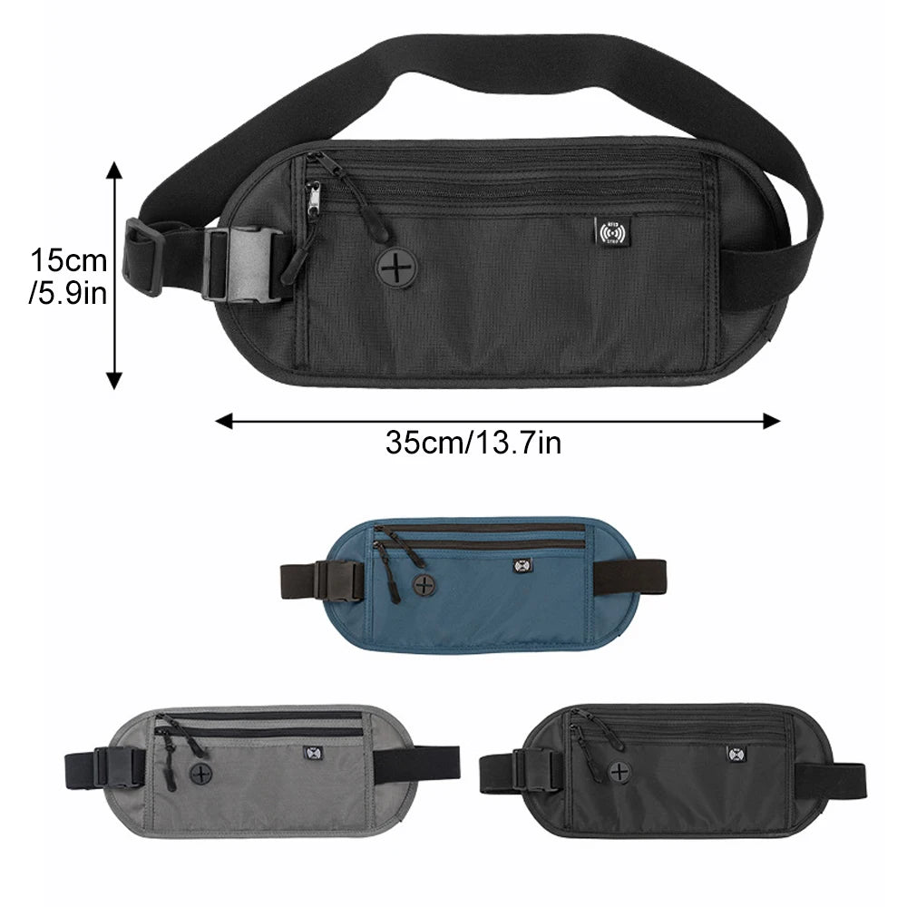 A set of three RFID blocking anti-theft money belts in black, blue, and gray.