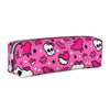 A pink zippered pencil case decorated with skulls, hearts, and lips