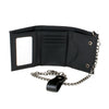 Black tri-fold chain card holder wallet with a rectangular window and silver chain.