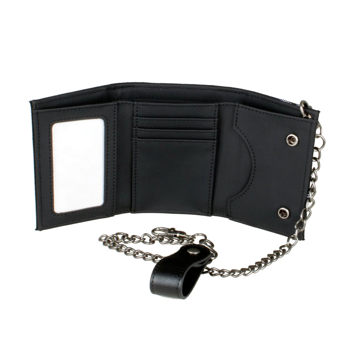 Black tri-fold chain card holder wallet with a rectangular window and silver chain.