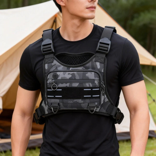A man wearing a black t-shirt and a tactical chest bag with camouflage pattern and reflective strips, standing in an outdoor 