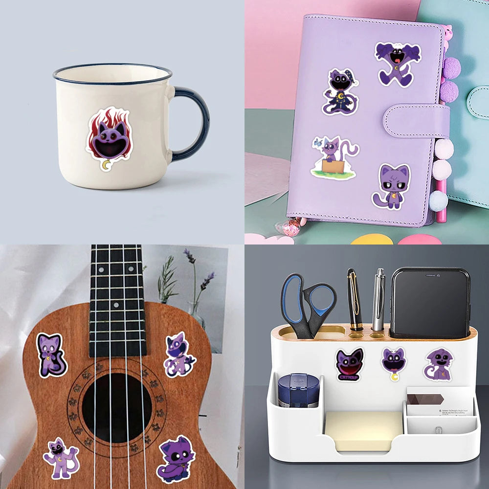 A set of smiling critter stickers featuring various horror-themed cats and other characters on a purple notebook and a guitar