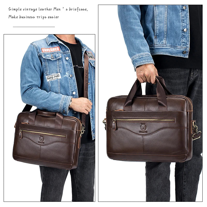 A brown full-grain leather executive laptop briefcase shown being carried by a person.
