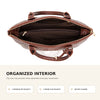 Braunes Krokodilmuster-Top mit Henkel und Crossbody-Tasche mit Reißverschluss und Seitentaschen.