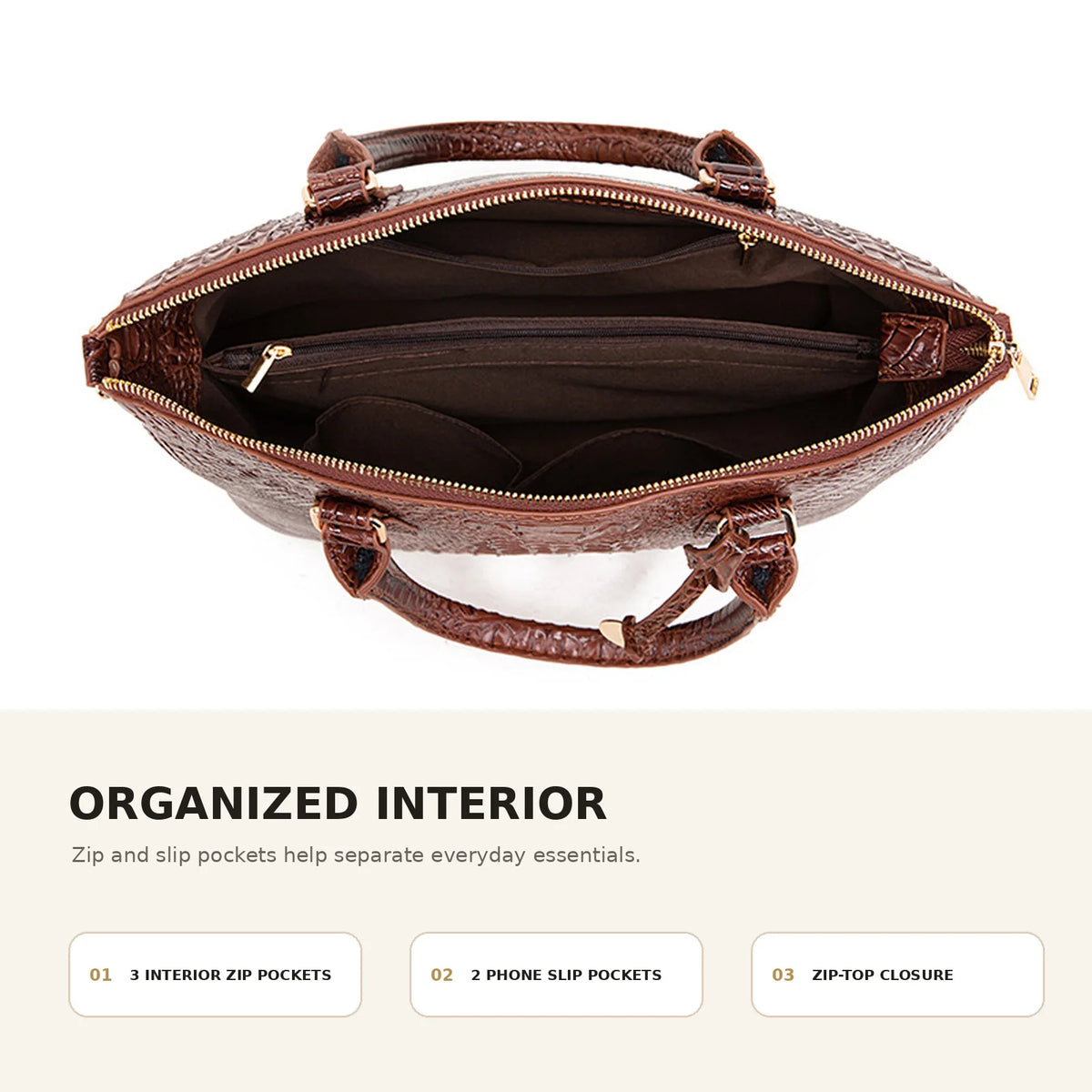 Braunes Krokodilmuster-Top mit Henkel und Crossbody-Tasche mit Reißverschluss und Seitentaschen.