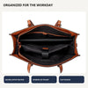 A brown crocodile texture laptop tote bag shown open, displaying interior organization features.