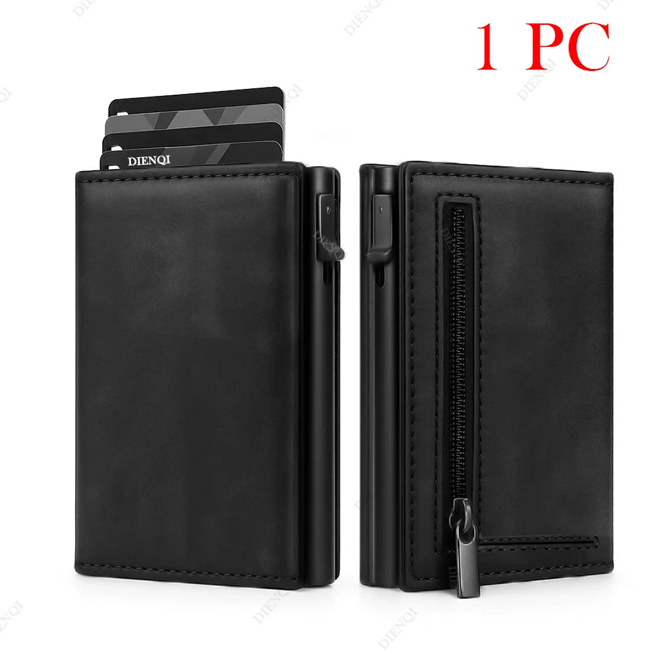 Black slim RFID-blocking aluminum card holder wallet with a zipper closure