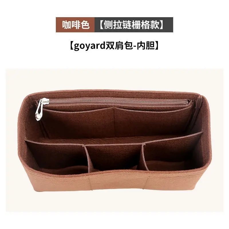 A brown felt bag organizer insert with a zippered compartment and multiple divided sections.